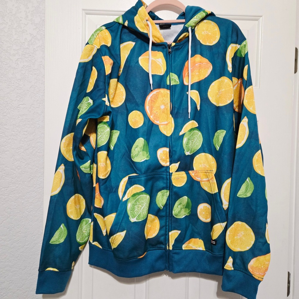 Southpole Mens XL Teal Citrus Fruit All Over Print Full Zip Hoodie